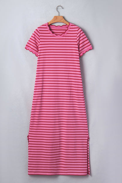 Rose Stripe Striped Short Sleeve Scalloped Trim Side Slit T-Shirt Dress