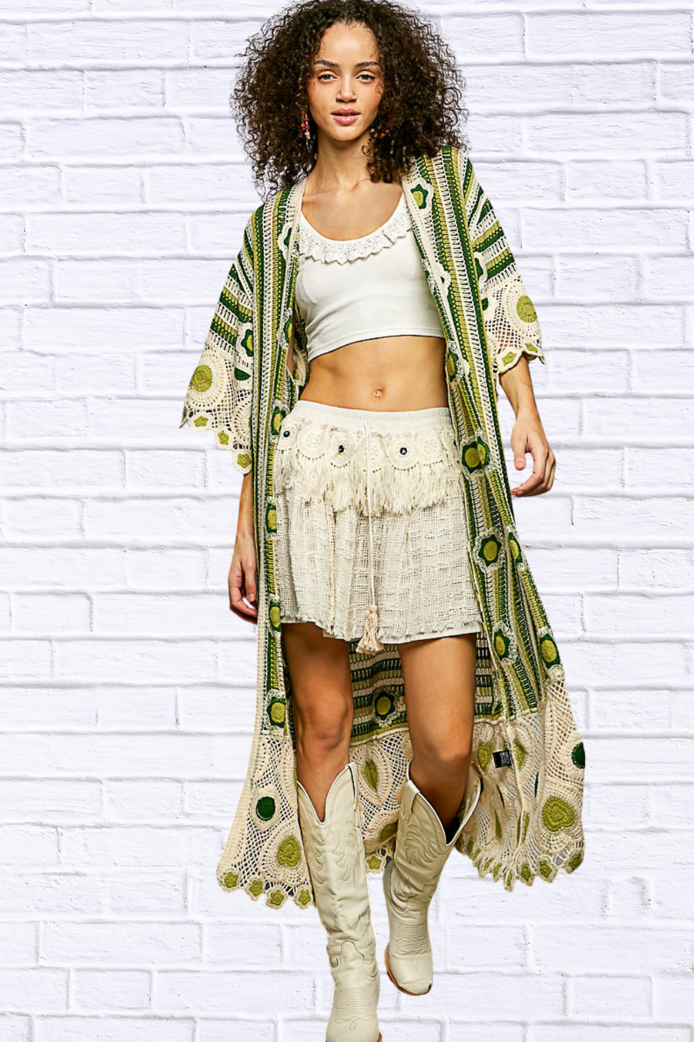 Janice Striped and Floral Pattern Crochet Longline Cardigan