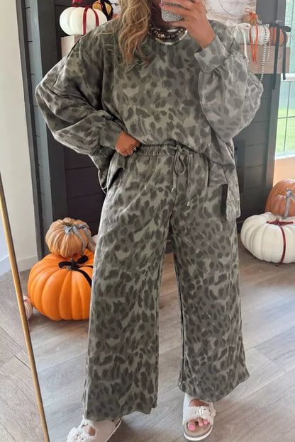 Leopard Print Long Sleeve Top and Pants Set
