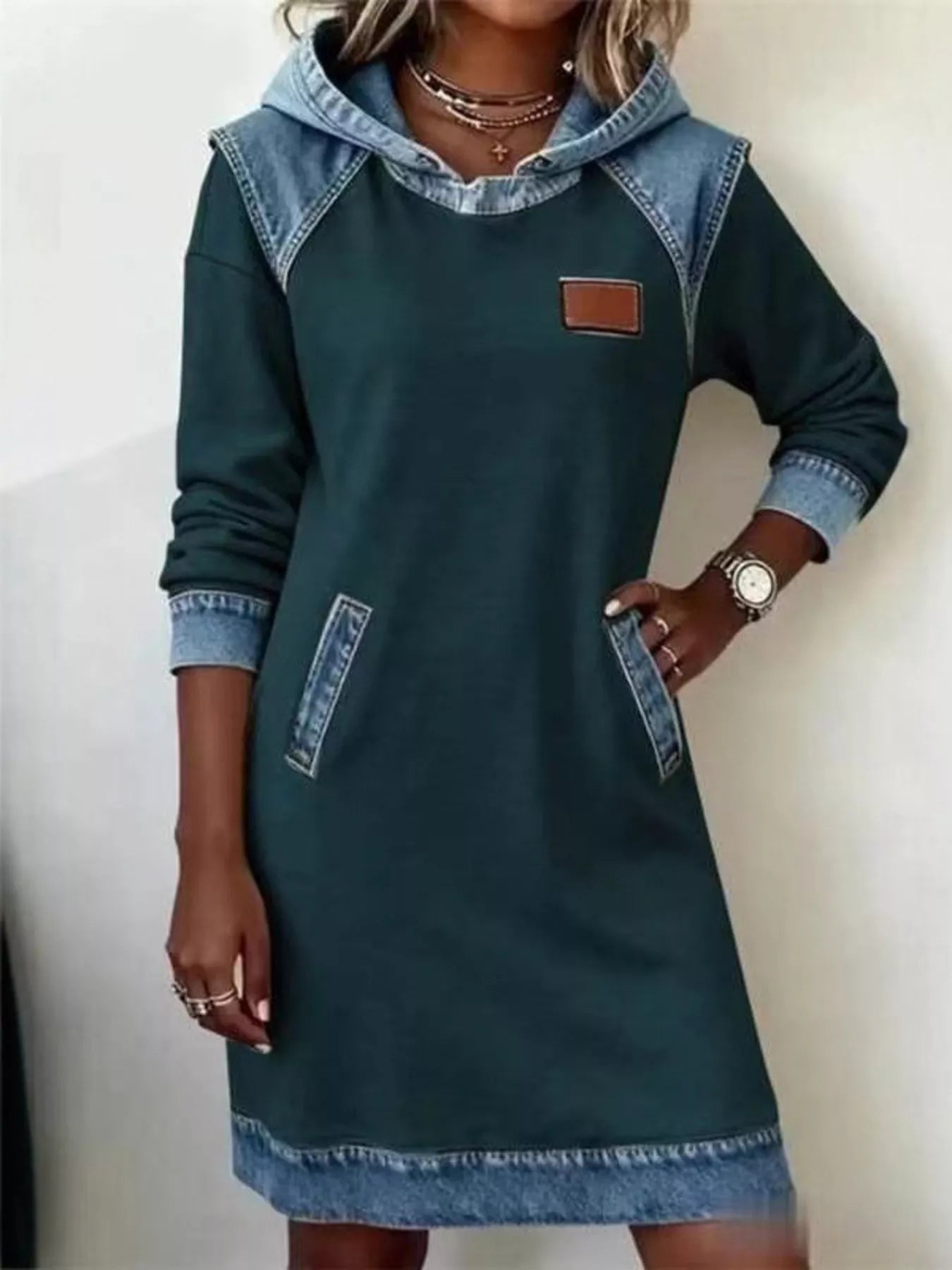 Full Size Denim Patchwork Hooded Sweatshirt Dress Plus Size