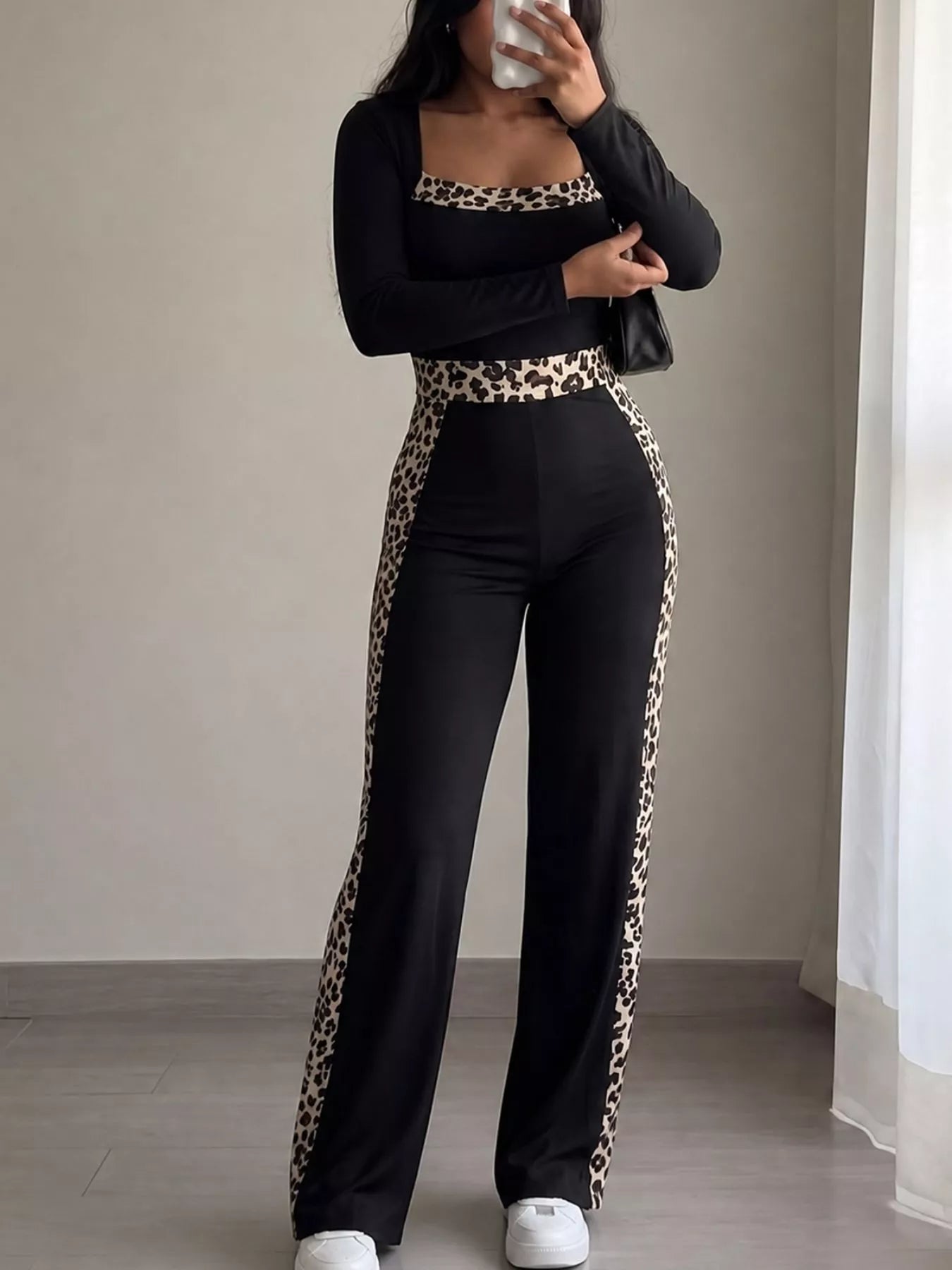 Leopard Trim Long Sleeve Jumpsuit