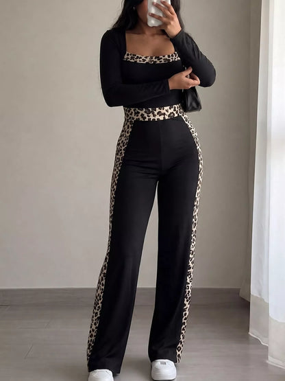 Leopard Trim Long Sleeve Jumpsuit