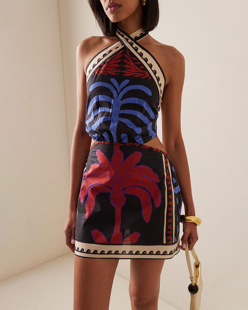 Vacation sexy halterneck printed dress