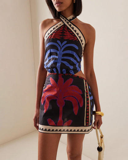 Vacation sexy halterneck printed dress