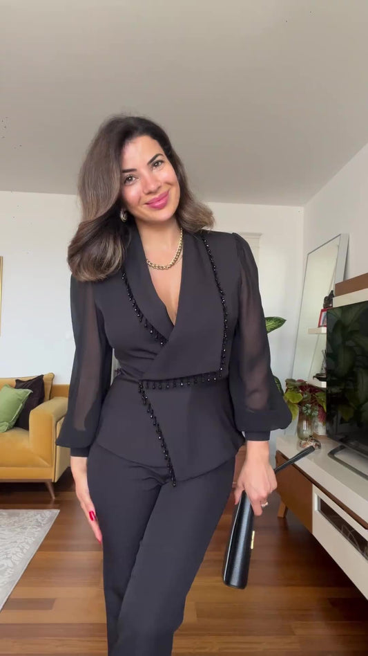 Ensemble haut en maille perlée et pantalon large pour femme