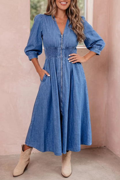 V Neck Shirred Waist Metal Zipper Denim Midi Dress