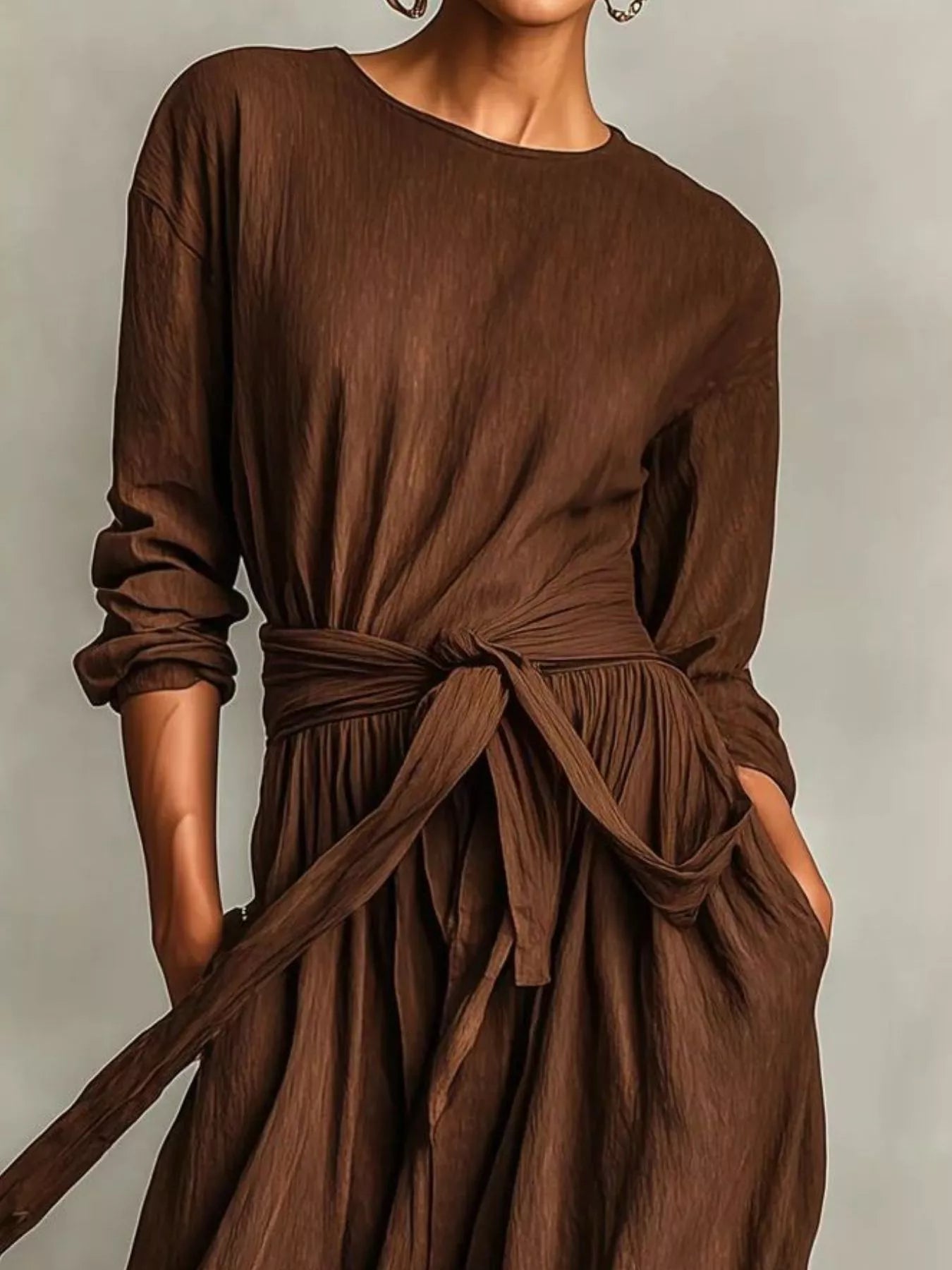 Full Size Long Sleeve Tie Waist Maxi Dress Plus Size