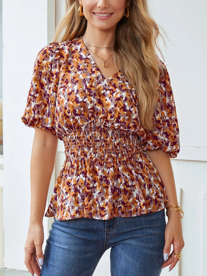 Abstract Print V Neck Smocked Babydoll Blouse