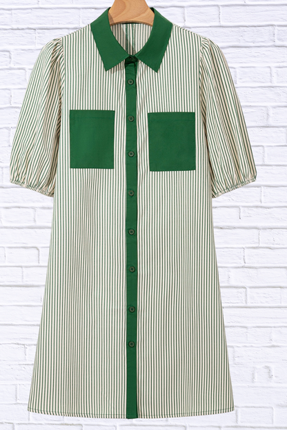 Stripe Color Block Patchwork Shirt Collar Button Down Puff Sleeve Mini Dress