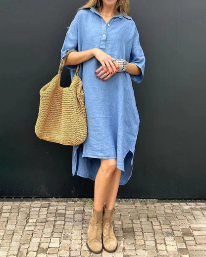 Solid Color Casual Cotton Linen Lapel Button Dress