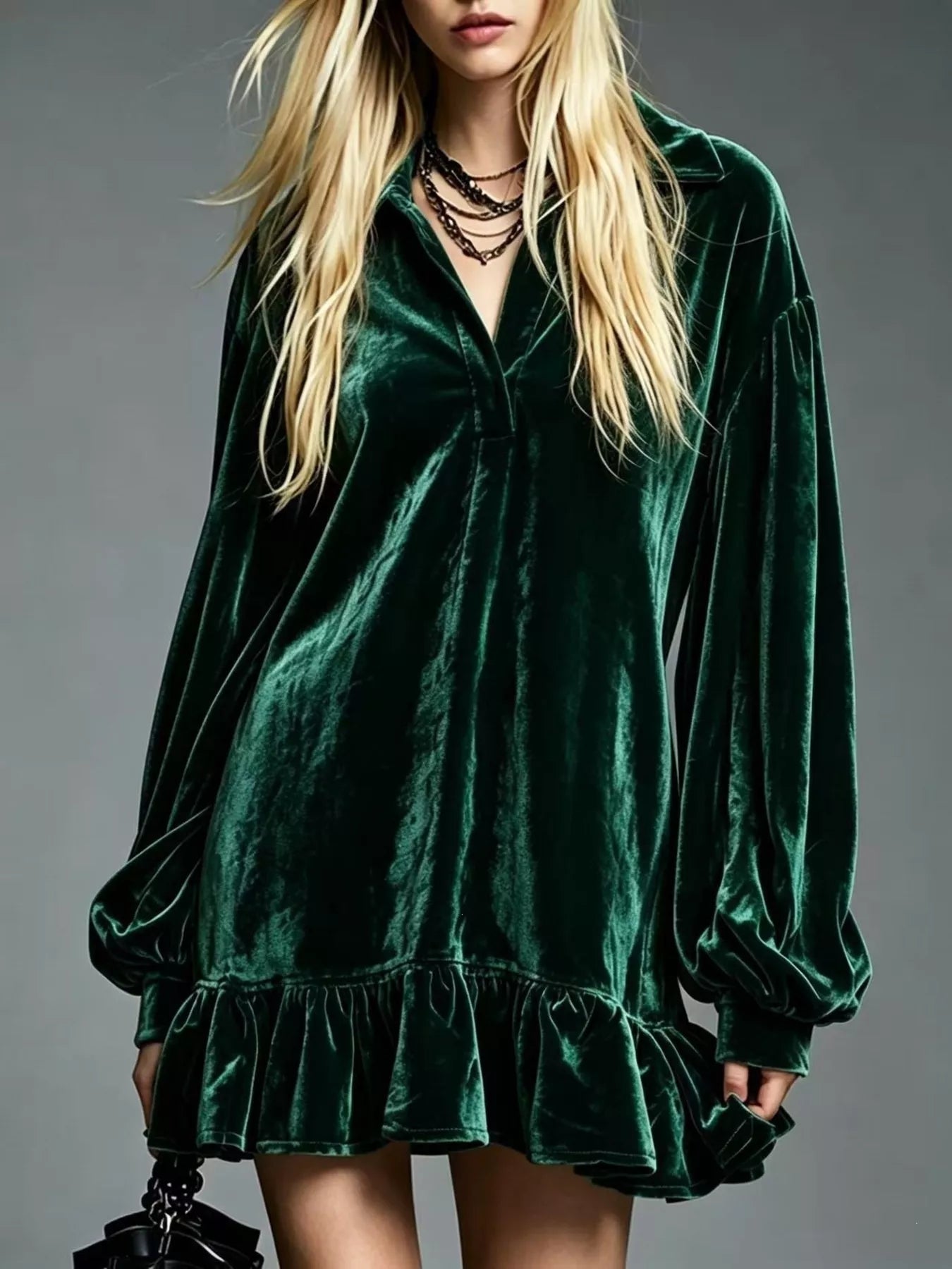 Full Size Velvet Ruffled Hem Long Sleeve Dress Plus Size
