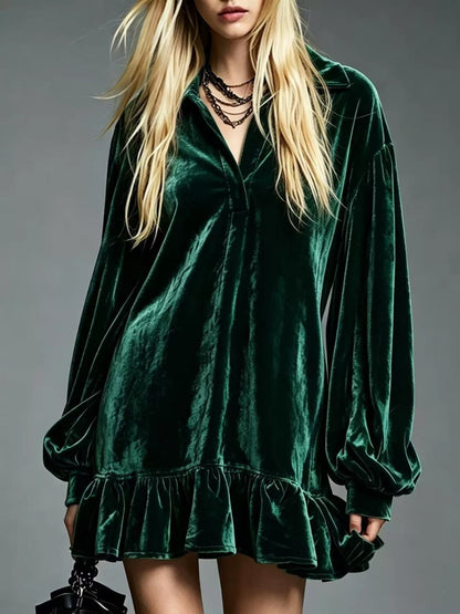 Full Size Velvet Ruffled Hem Long Sleeve Dress Plus Size