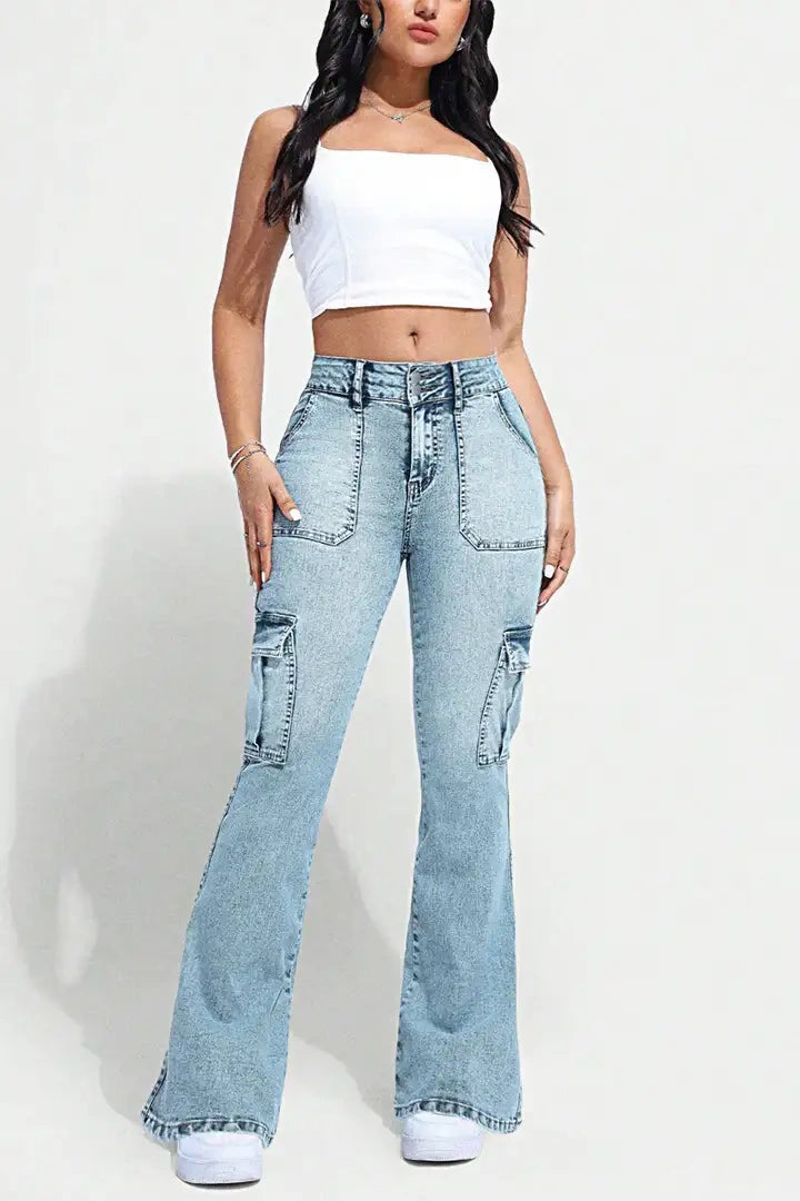 Multi Pocket Double Button Mid Rise Flare Cargo Jeans