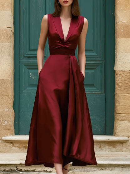 Red Satin Sleeveless V-Neck Midi Dress With Draped Skirt