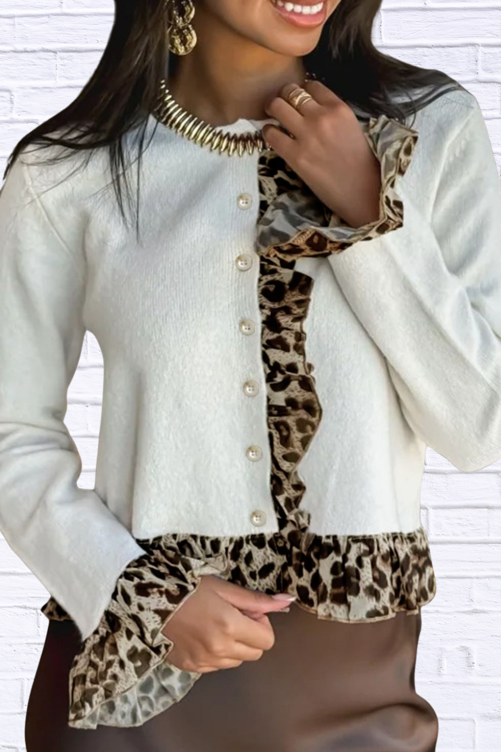 Leopard Trim Ruffle Cardigan – Buttoned Contrast Ruffle & Chic Stretch Fit