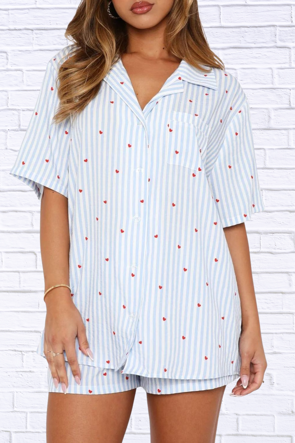 Valentine's Day Printed Collared Neck Short Sleeve Top and Shorts Set