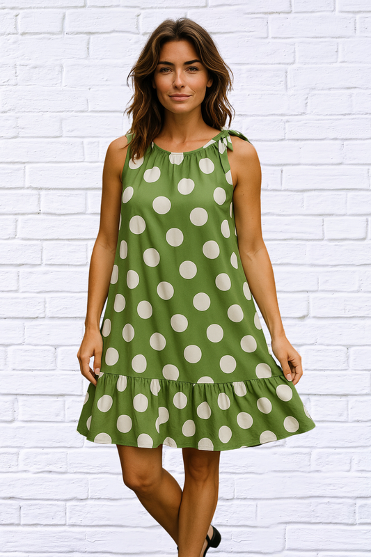Tie Neck Gauged Trapeze Dress - GREEN POLKA DOT - | Diva USA