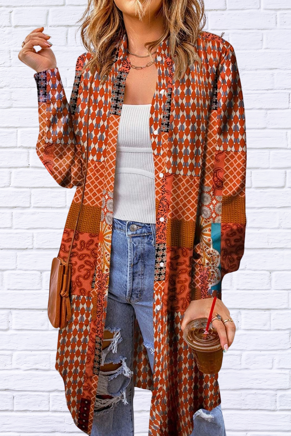 Printed Button Up Long Sleeve Top