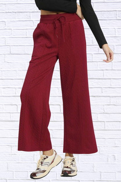 Burgundy Cable Knit Textured Wide Leg Pants