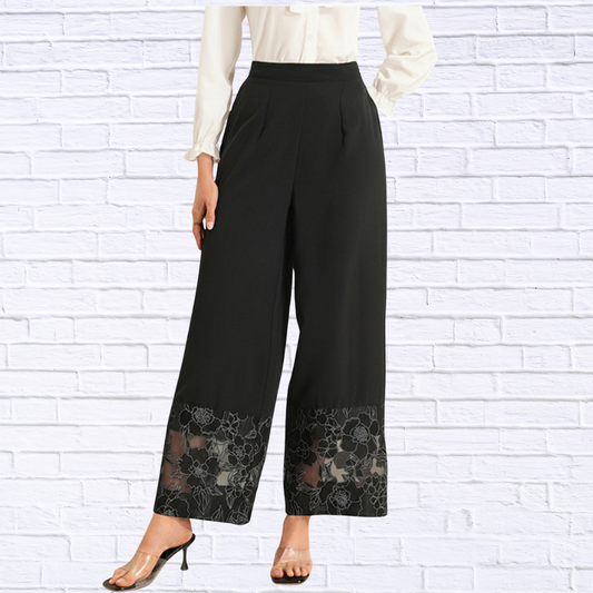 Floral Lace Hem Wide Leg Pants