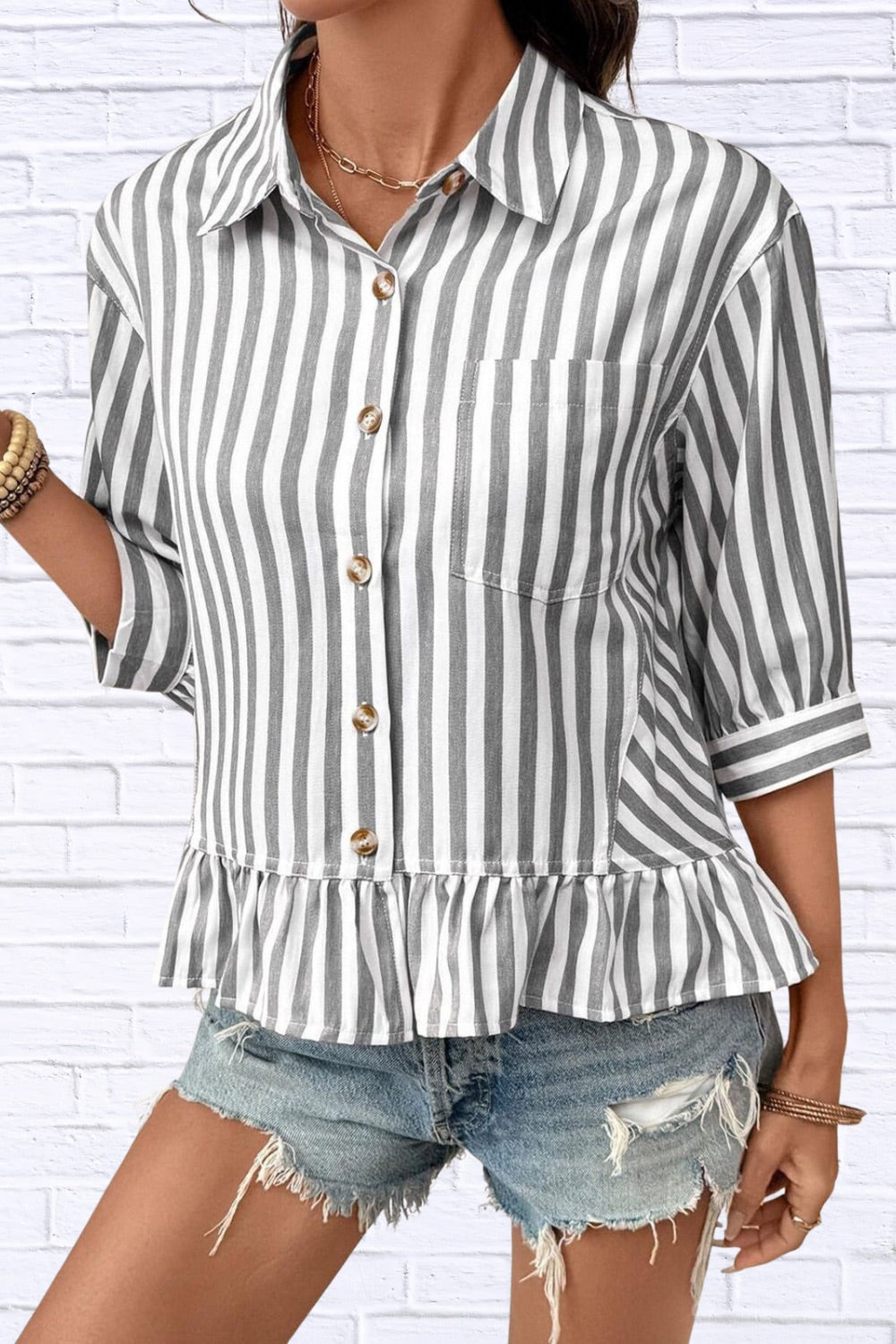 Striped Ruffle Hem Button-Down Shirt | Chic Women’s Top