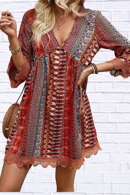 Lace Trim Printed V-Neck 3/4 Sleeve Dress
