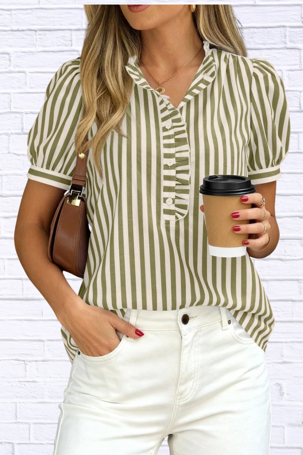 Frill Striped Puff Sleeve Blouse | Chic Women’s Top