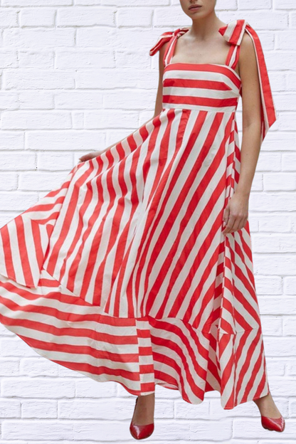 Striped Red And White Square Neck Wide Strap Dress
