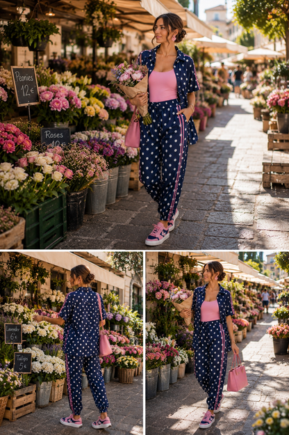Navy Polka Dot Two Piece Set with Pink Stripe Detail