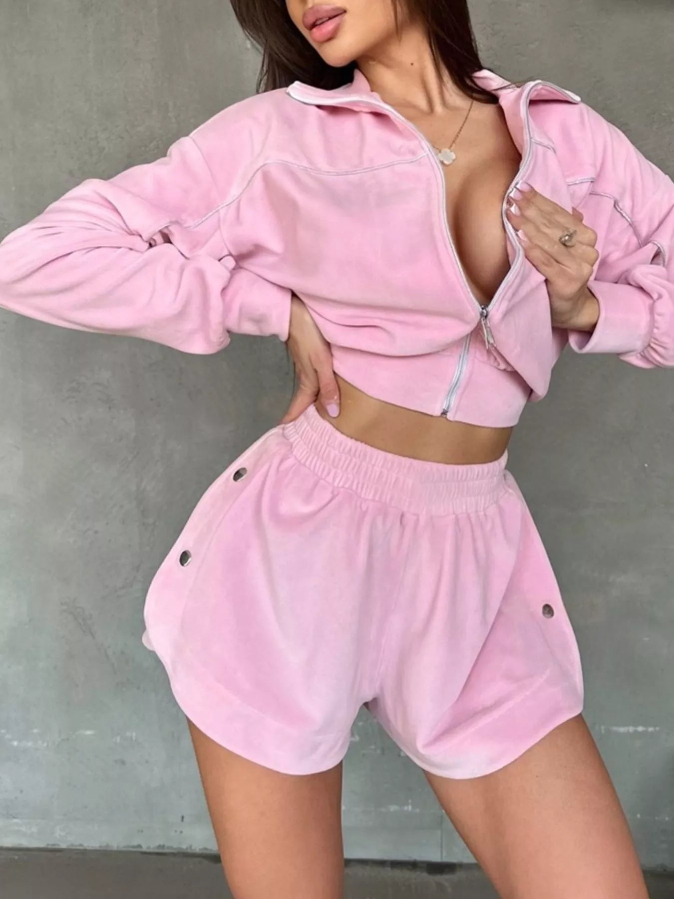 Zip-Up Outerwear and Shorts Set