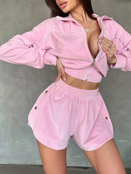 Zip-Up Outerwear and Shorts Set