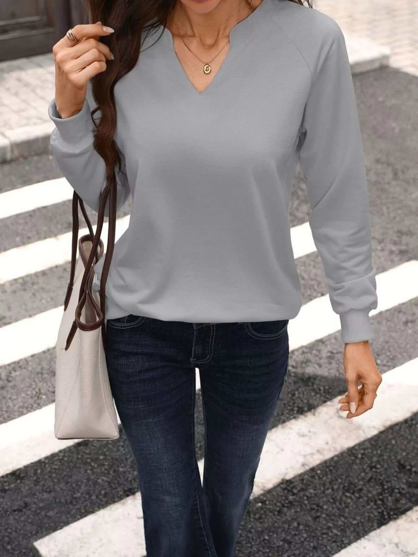 Notched Raglan Sleeve Sweatshirt