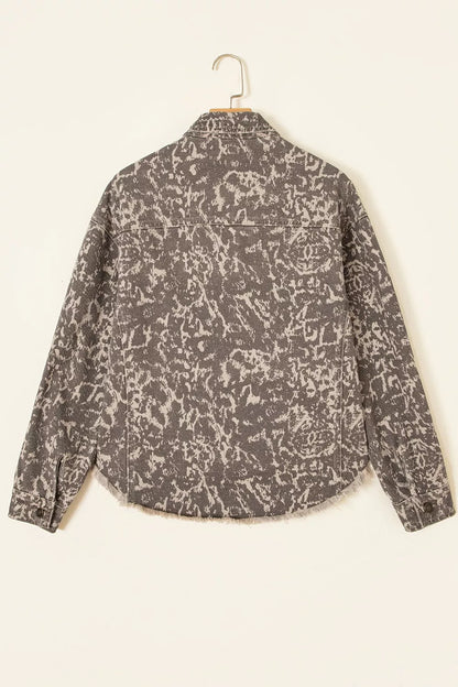 Abstract Print Long Sleeve Collar Raw Hem Denim Jacket