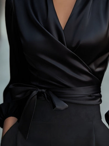 Women's Satin Tie Waist Wrap Blouse