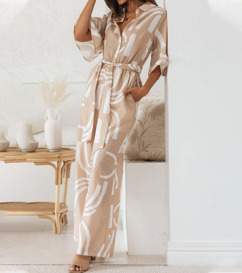 Leaves Printed Lapel, Five-quarter Sleeves and Belted Long Jumpsuit