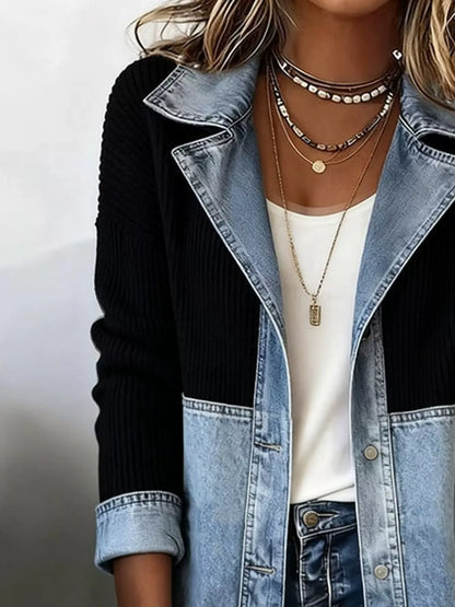 Color-Block Denim and Knit Patchwork Casual Jacket