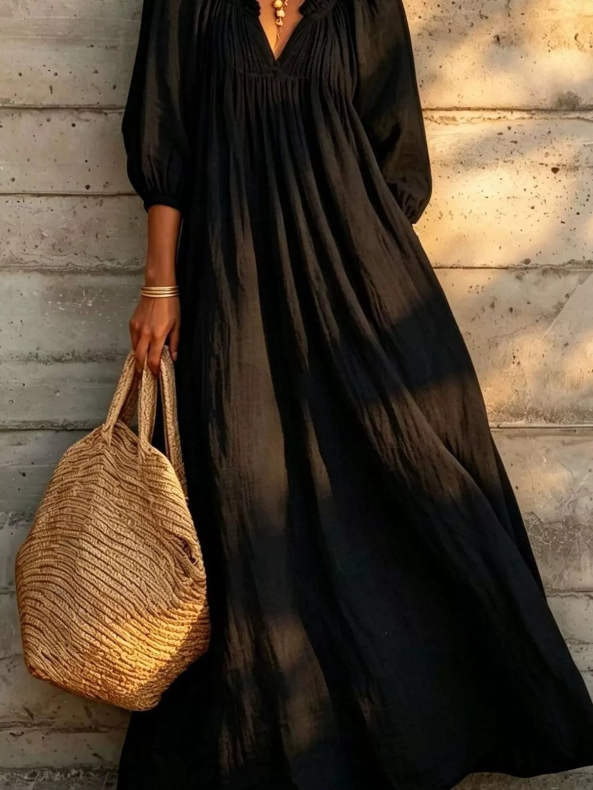 Tiered Notched 3/4 Sleeve Maxi Dress
