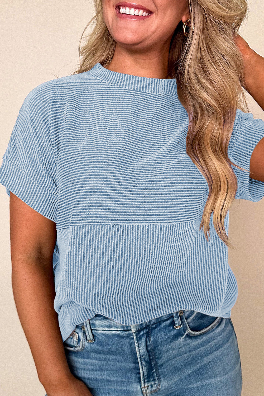 Myosotis Plain Corded Knit Mock Neck T Shirt