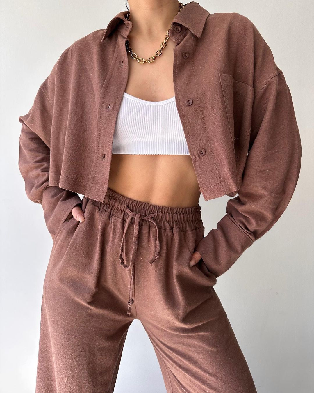 Solid Color Long Sleeves Shirt & Drawstring Pants Suit