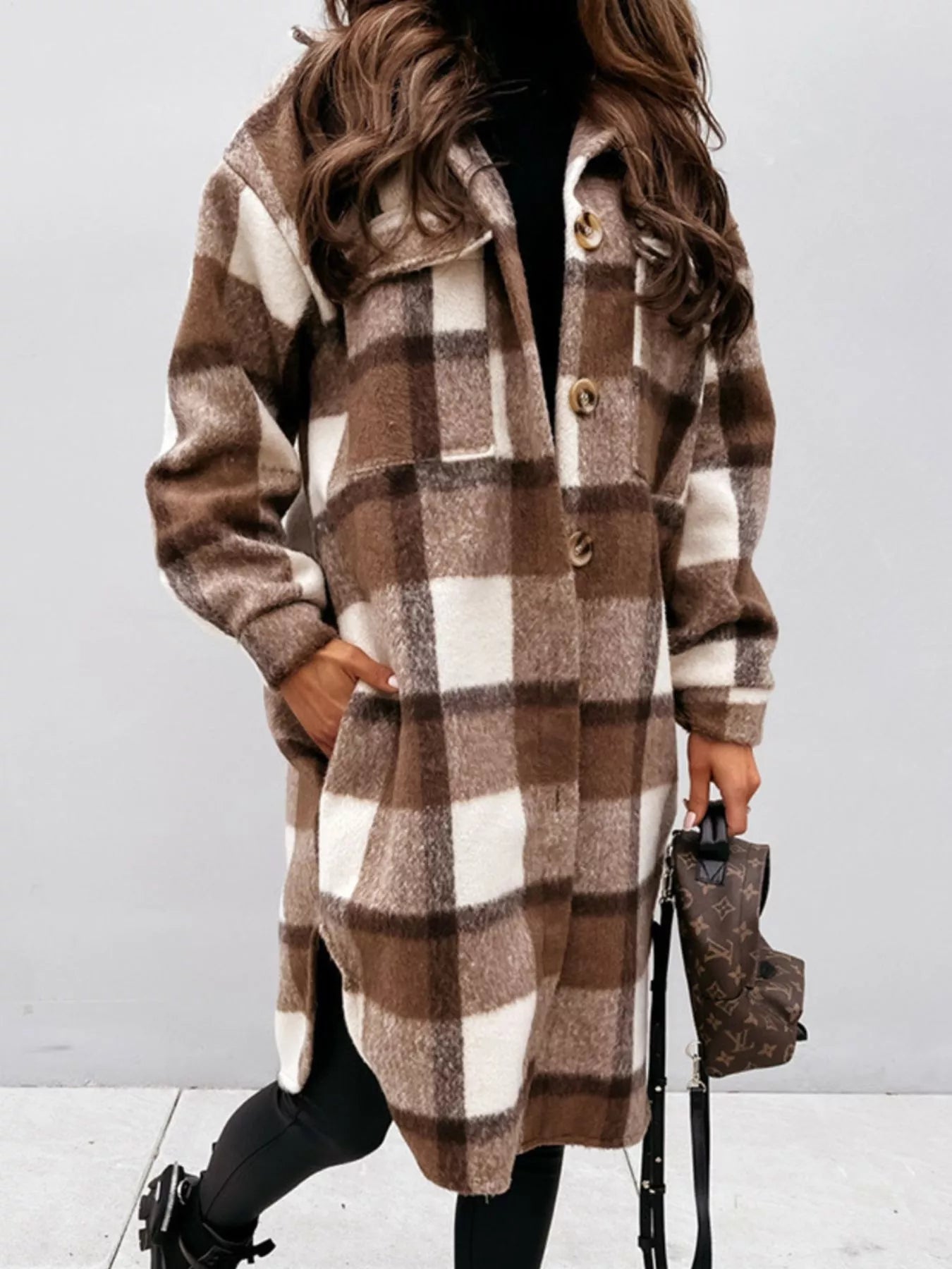 Longline Plaid Button-Up Coat for Women | Boutique Outerwear
