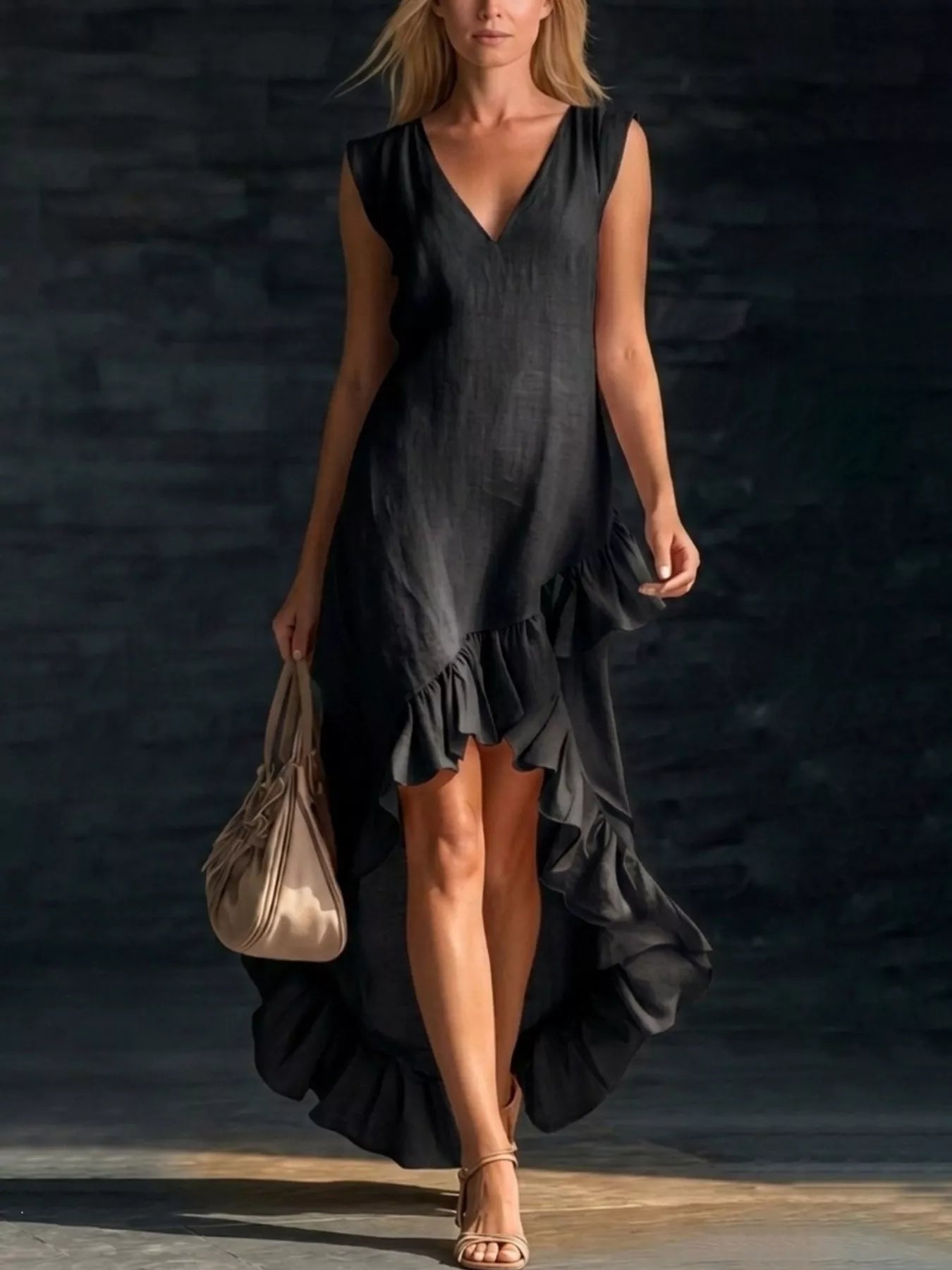 Full Size Ruffled Asymmetrical Hem V-Neck Sleeveless Dress Plus Size