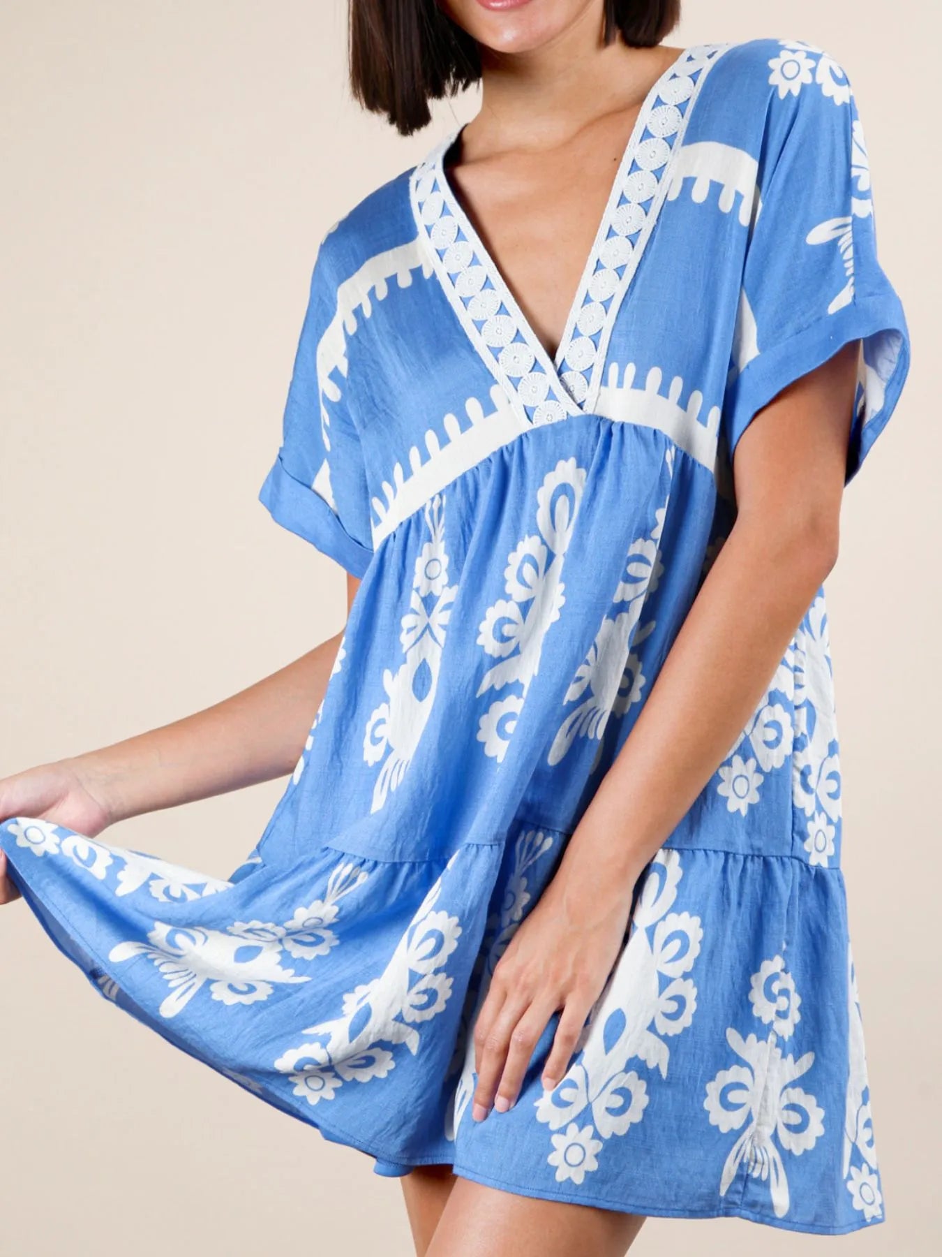 Printed V-Neck Short Sleeve Mini Dress