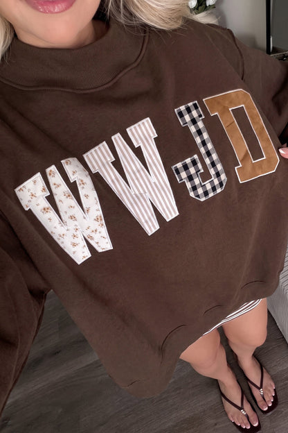 Coffee WWJD Mixed Pattern Embroidered Patch Graphic Mock Neck Sweatshirt