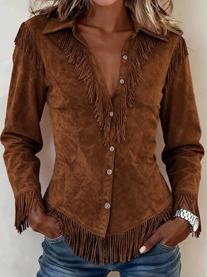 Fringed Button Up Long Sleeve Shirt