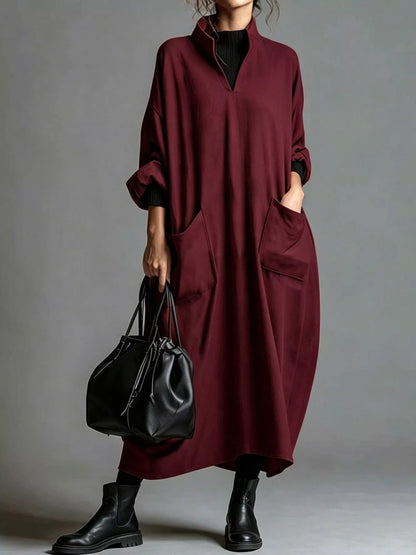 Full Size Loose-Fit Mock Neck Midi Dress with Pockets Plus Size