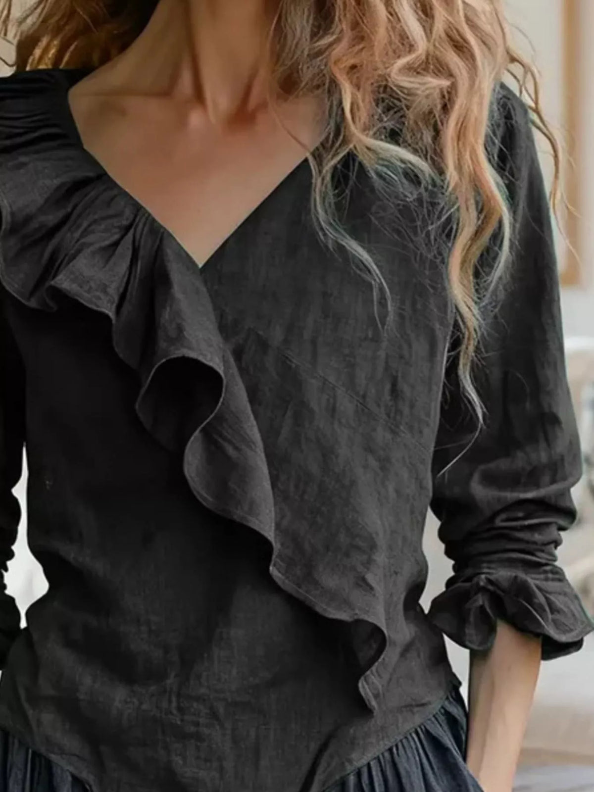 V-Neck Ruffled Long Sleeve Blouse