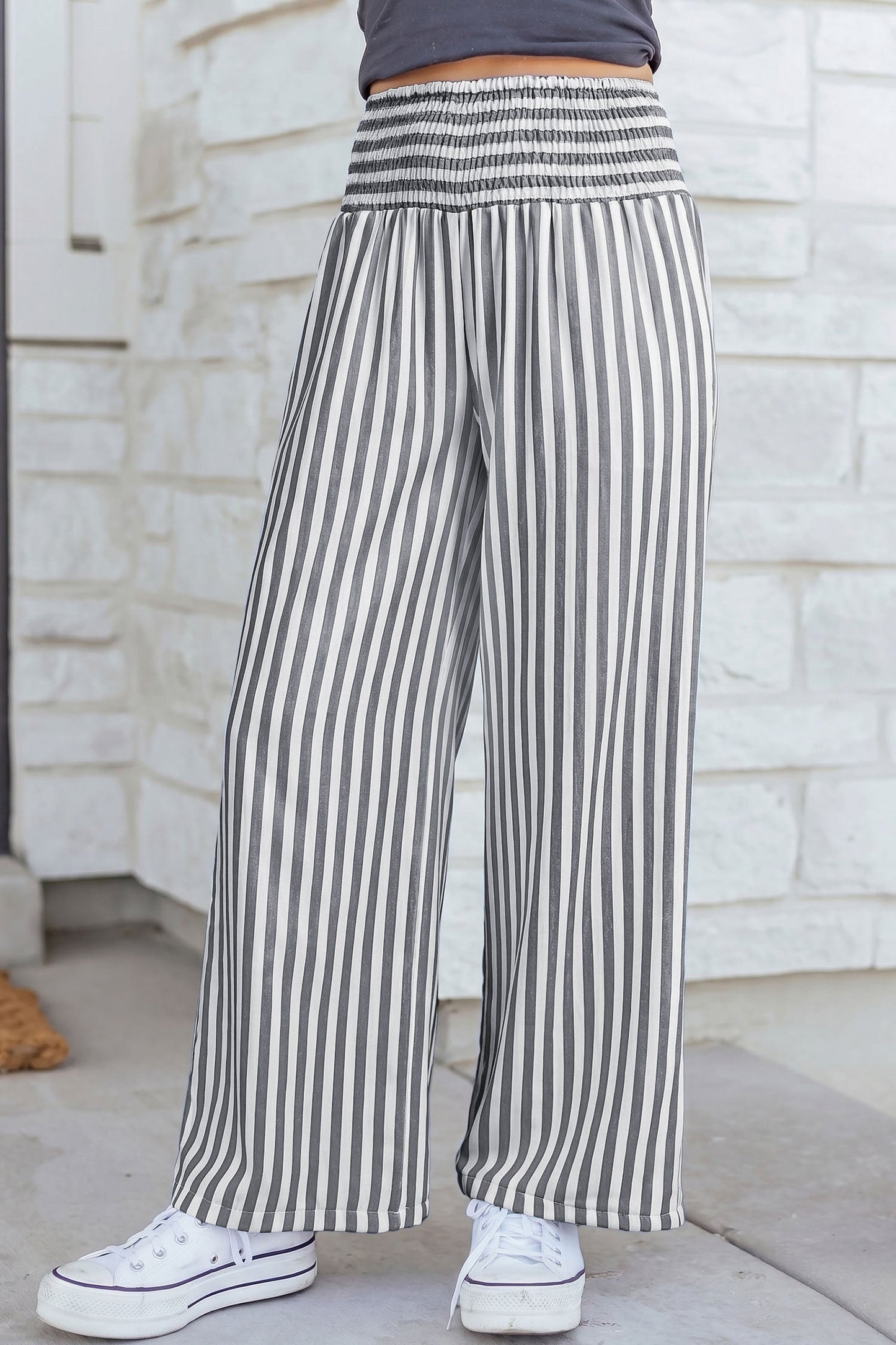 Sky Blue Stripe Shirred High Waist Loose Summer Pants