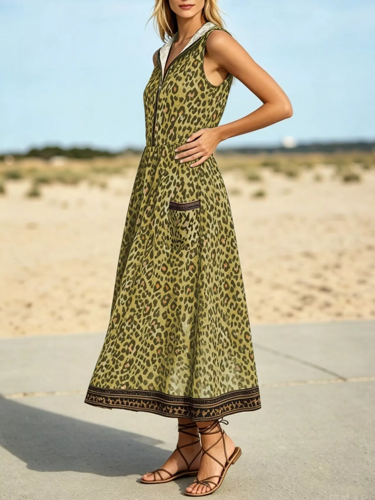 Leopard Zip Front Hooded Dress