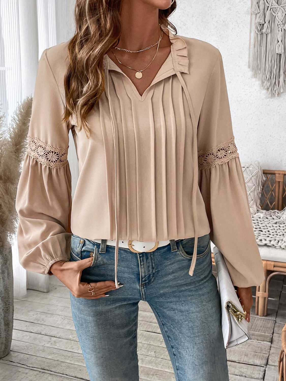 Blue Zone Planet | Perfee Frill Tie Neck Long Sleeve Blouse