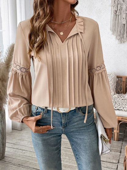Blue Zone Planet | Perfee Frill Tie Neck Long Sleeve Blouse